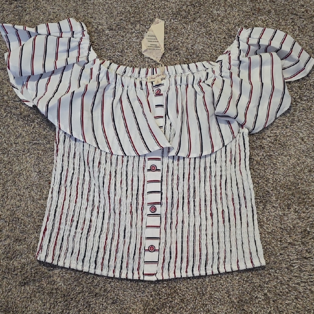 Hem & Thread Off-Shoulder Striped Faux Button-Front Top